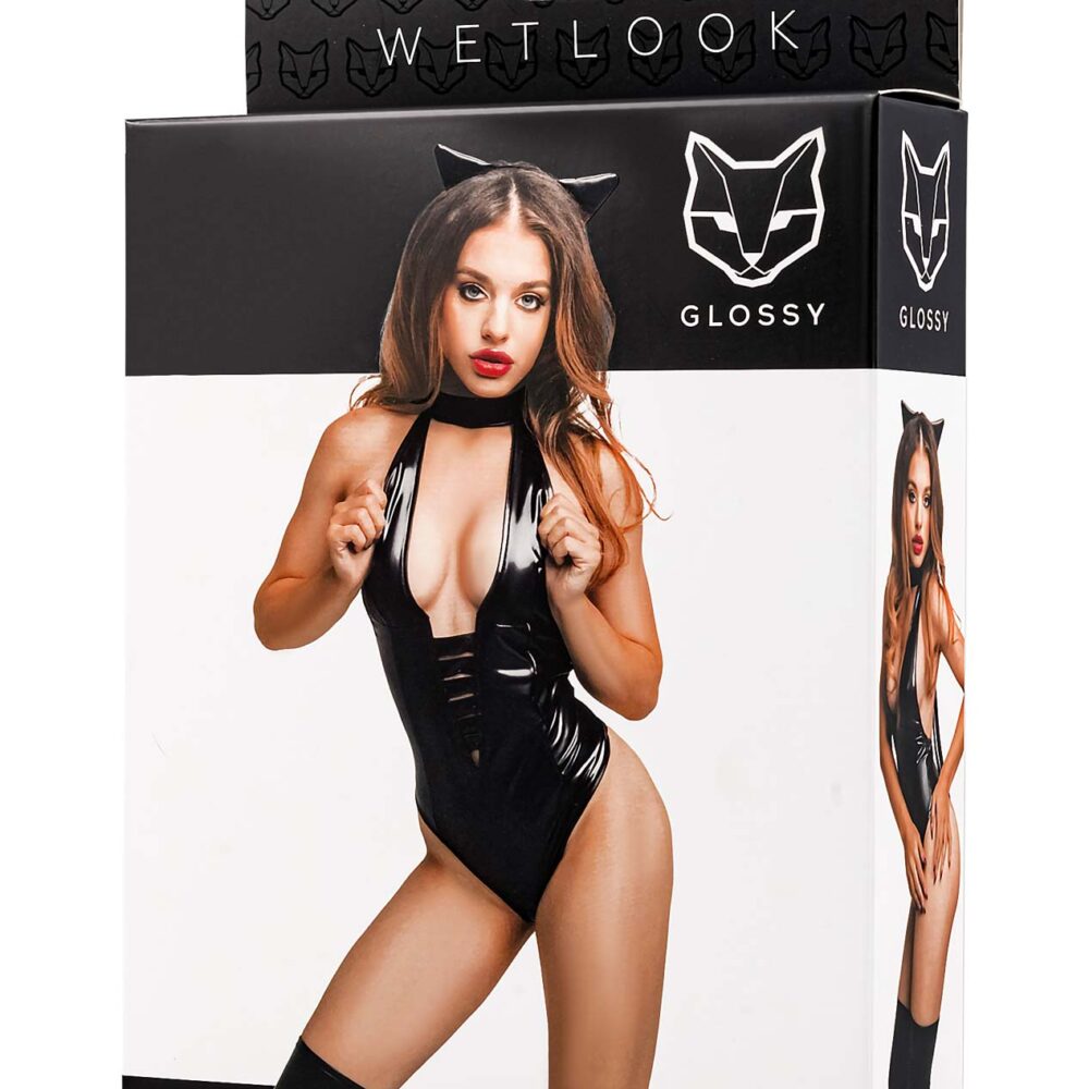 Glossy - Kitti - bodysuit and cat ears - wetlook - black - XL