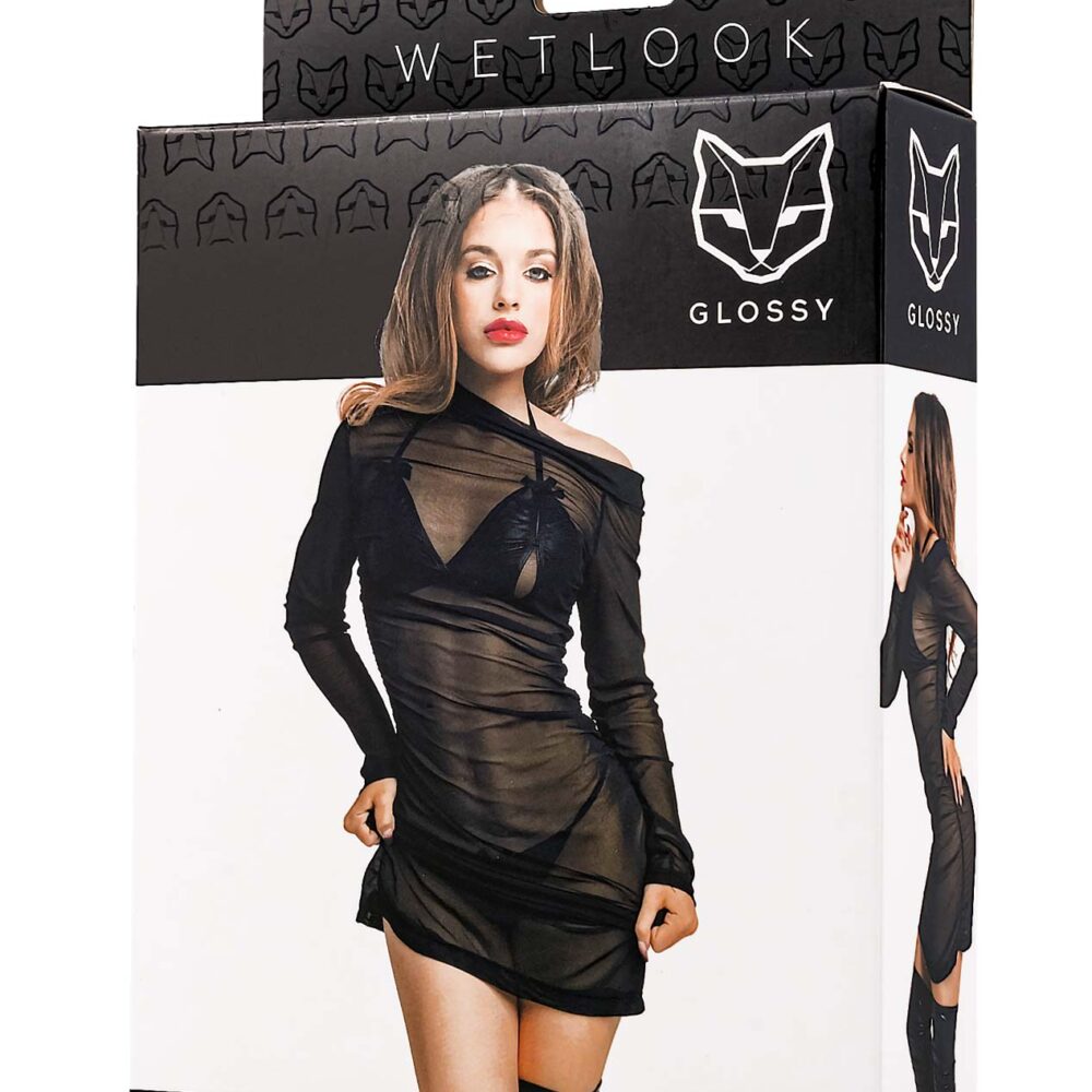 Glossy - Sheril - set (dress - bra + panties) - wetlook - black - XL